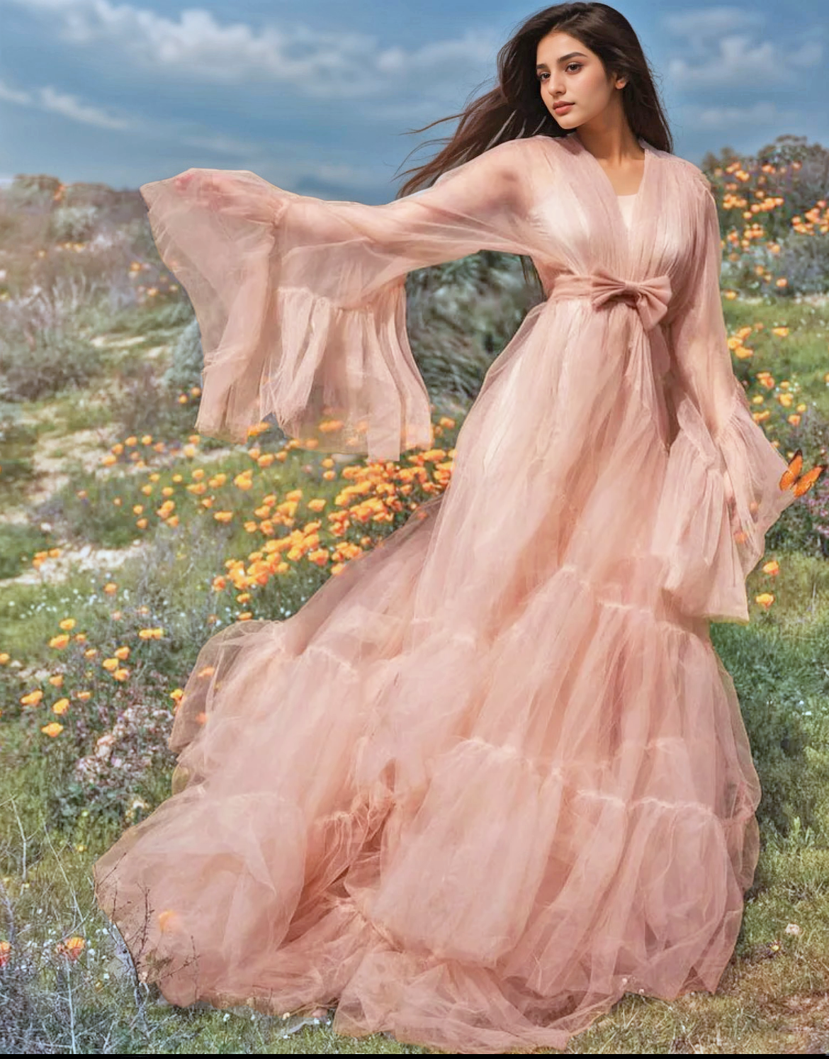 Odessa Ruffle Layered Tulle Long Robe