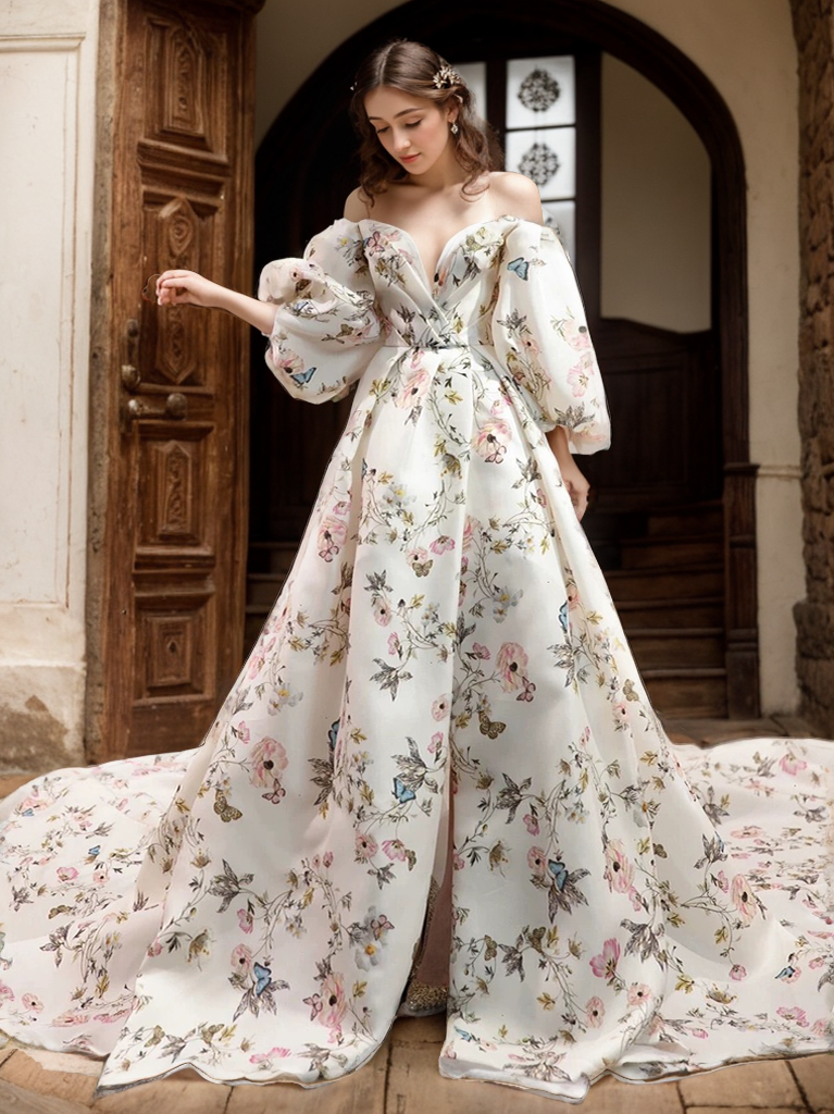 Florienne Reverie Butterfly-Print Bridal Gown