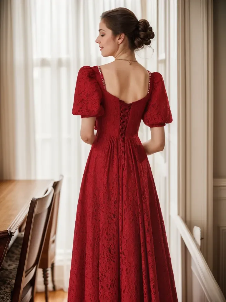 Rosalind Garnet Puff-Sleeve Lace Midi Dress