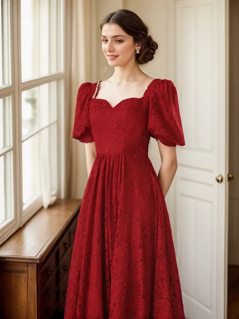 Rosalind Garnet Puff-Sleeve Lace Midi Dress