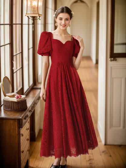 Rosalind Garnet Puff-Sleeve Lace Midi Dress