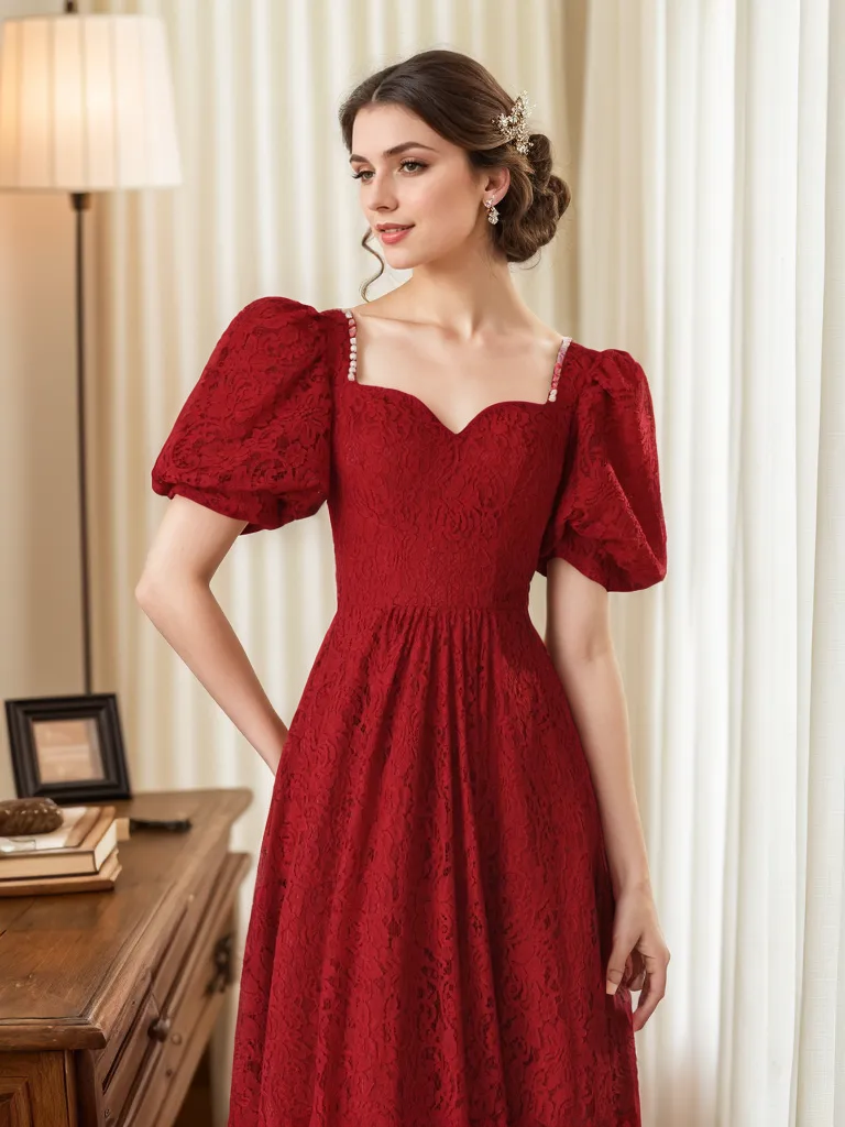 Rosalind Garnet Puff-Sleeve Lace Midi Dress