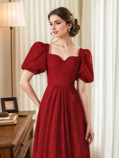 Rosalind Garnet Puff-Sleeve Lace Midi Dress