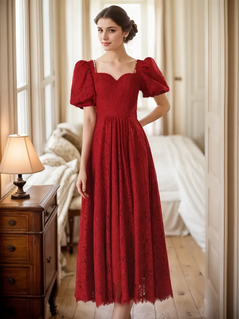 Rosalind Garnet Puff-Sleeve Lace Midi Dress