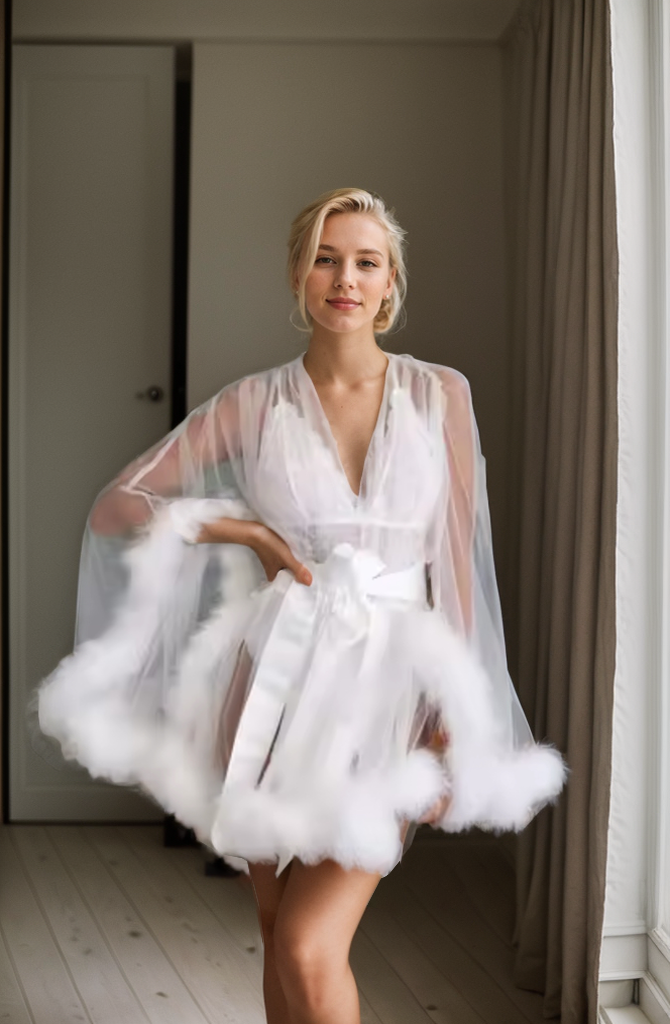 Ariette Mist Feather-Trim Sheer Robe