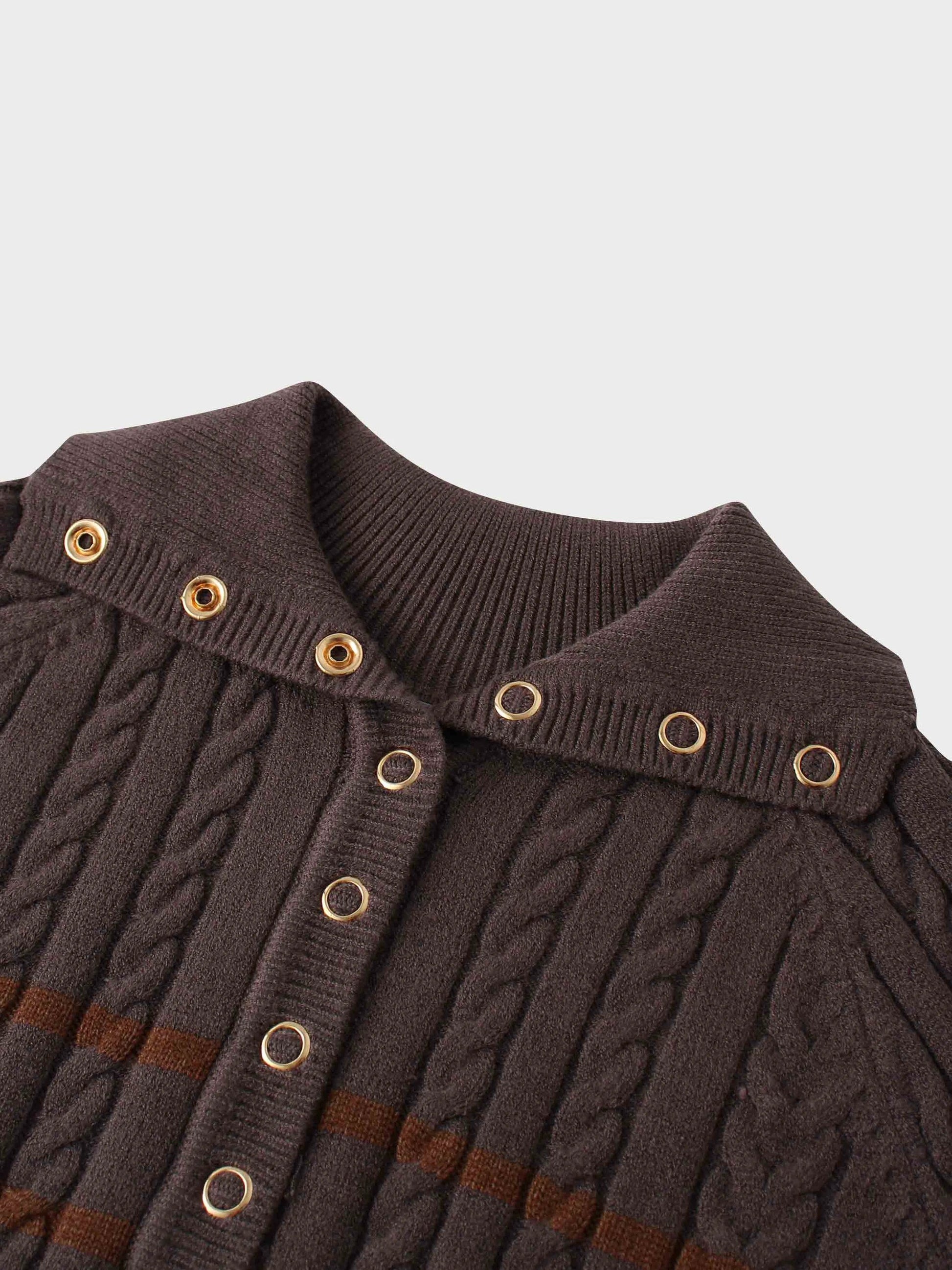 Shawl Snap Collar Striped Cable Sweater-Grey/Brown by MELI