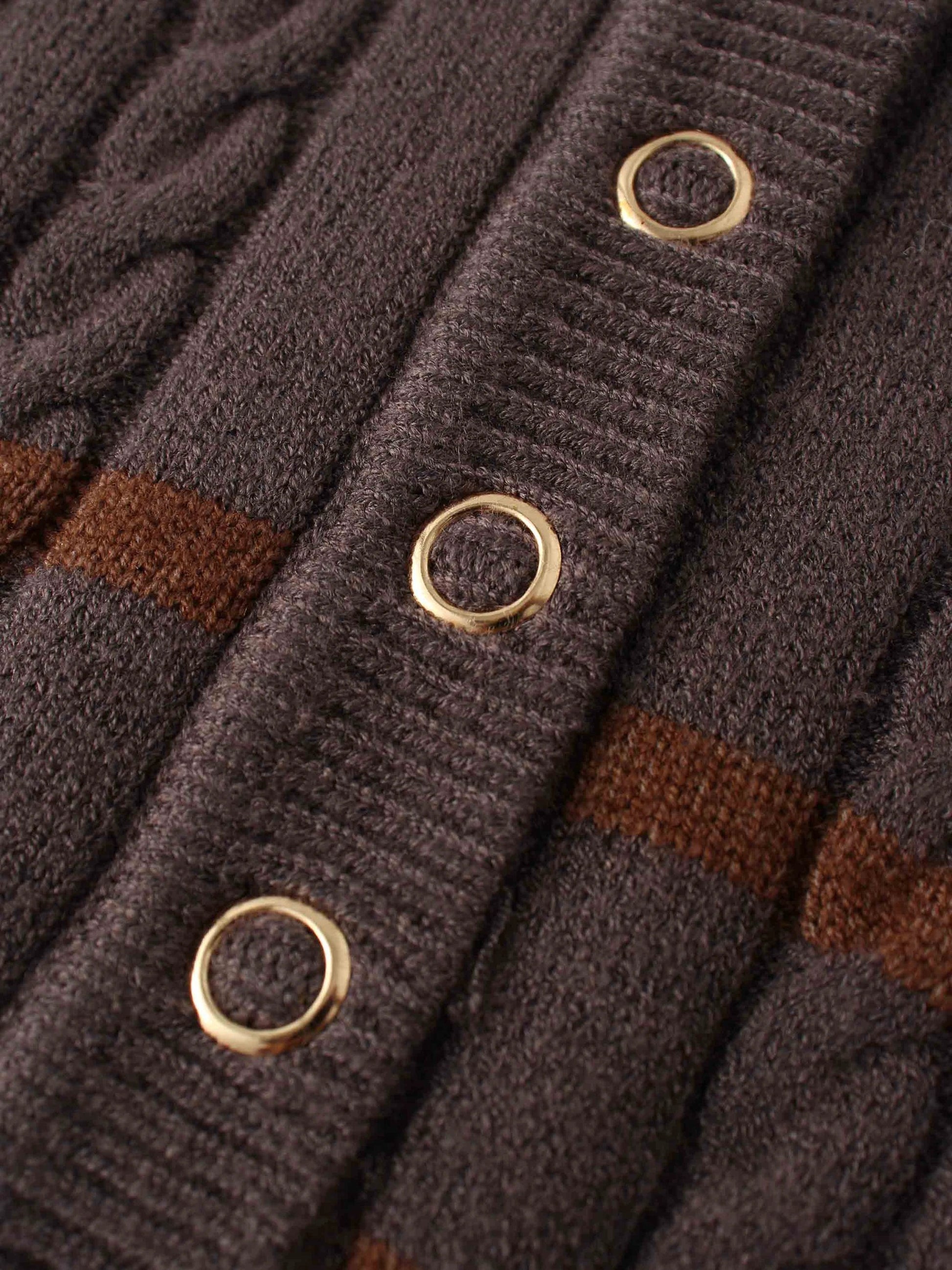 Shawl Snap Collar Striped Cable Sweater-Grey/Brown by MELI