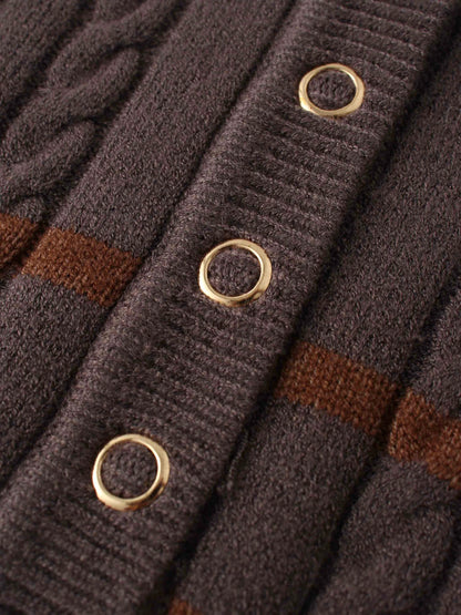 Shawl Snap Collar Striped Cable Sweater-Grey/Brown by MELI