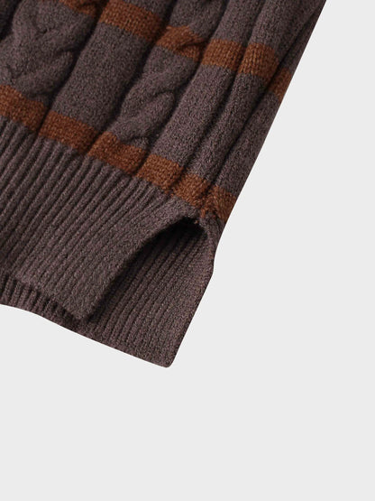 Shawl Snap Collar Striped Cable Sweater-Grey/Brown by MELI