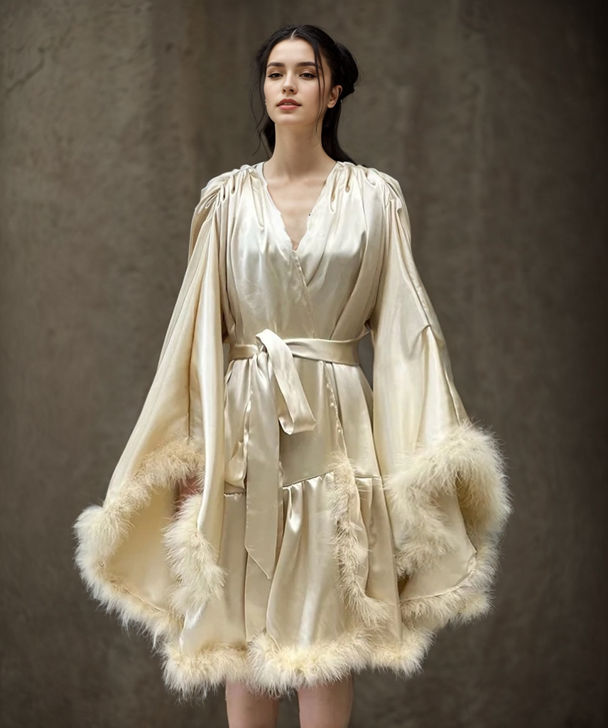 Mireya Plush Feather-Trim Short Satin Robe