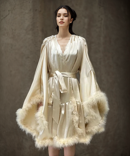 Mireya Plush Feather-Trim Short Satin Robe