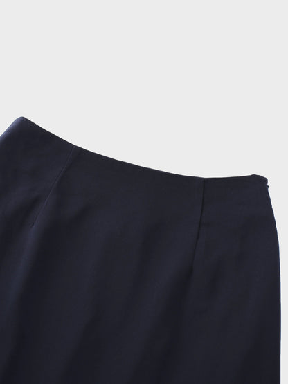 Faux Satin Bottom Flare Skirt-Navy by SOLEI