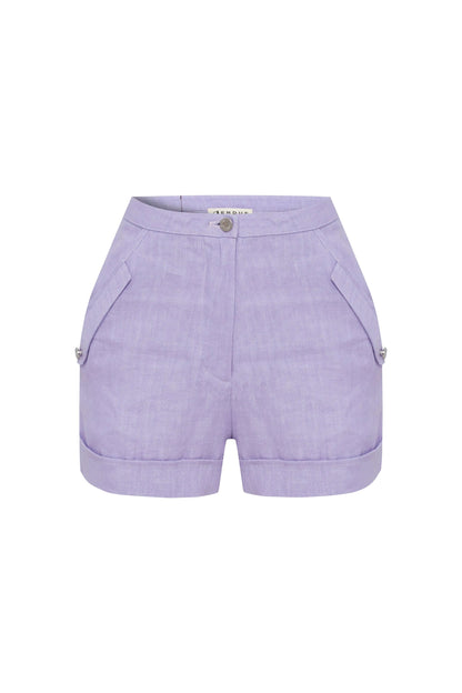 JENDUE Amara Denim Linen Shorts - High-Waisted Comfort by Jendue US