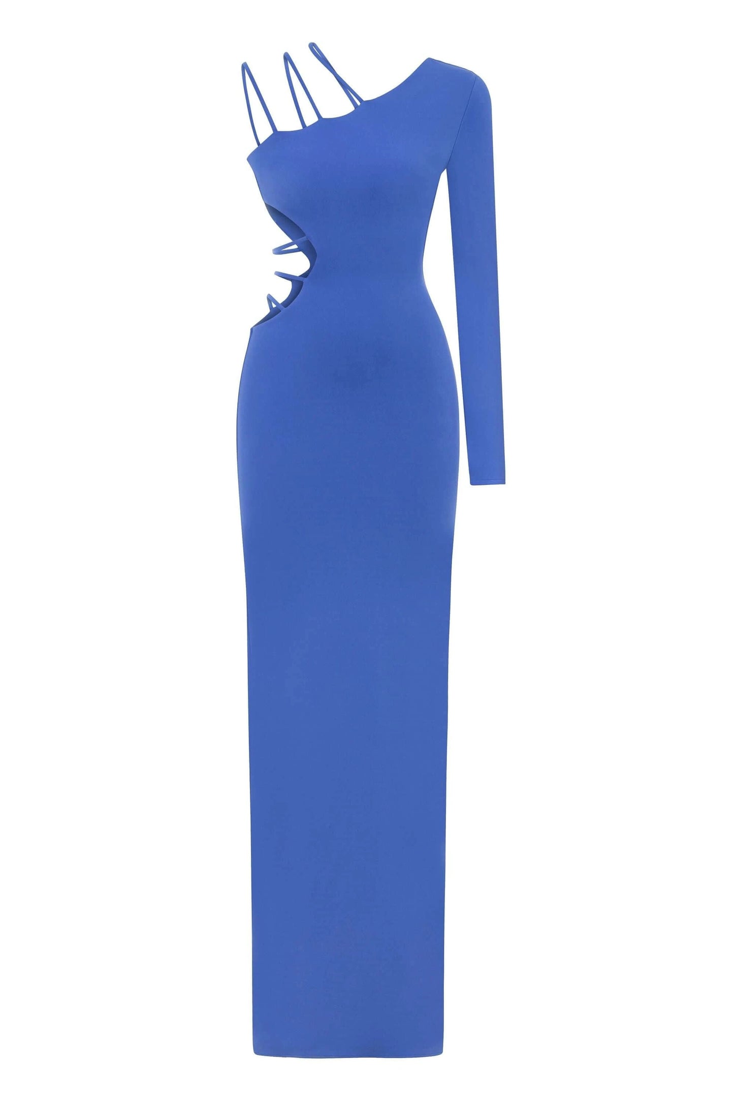 JENDUE Aurora One Shoulder Denim Maxi Dress - Elegant Blue Cutout Gown by Jendue