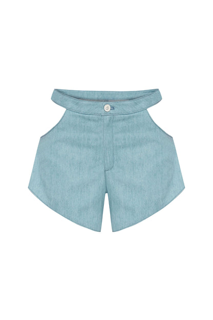JENDUE Belinda Asymmetrical Cut-Out High-Waist Denim Shorts by Jendue US