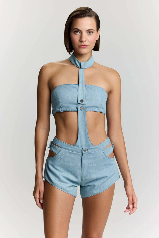 JENDUE Belinda Asymmetrical Cut-Out High-Waist Denim Shorts by Jendue US