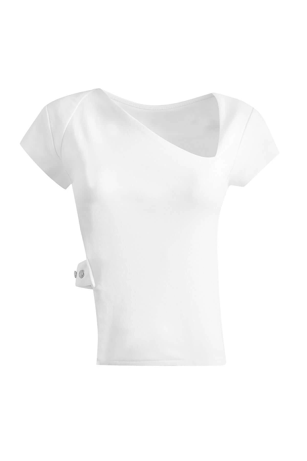 JENDUE Celeste Denim T-Shirt - Unique Asymmetrical White Top by Jendue