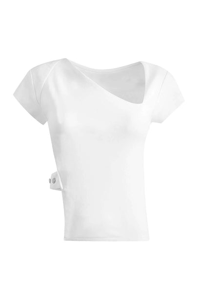 JENDUE Celeste Denim T-Shirt - Unique Asymmetrical White Top by Jendue