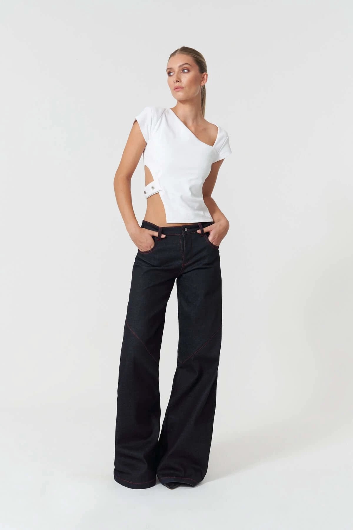 JENDUE Celeste Denim T-Shirt - Unique Asymmetrical White Top by Jendue