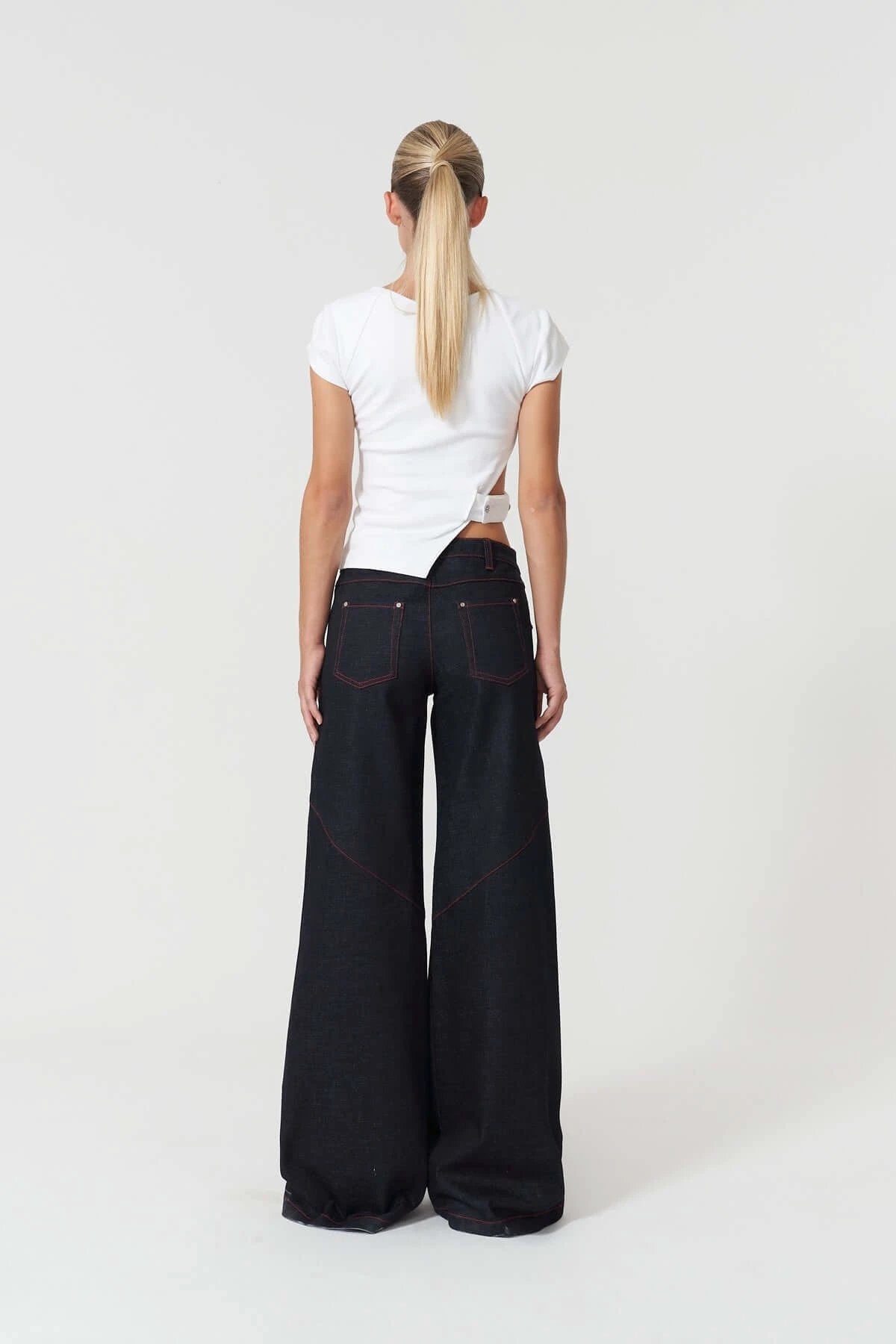 JENDUE Celeste Denim T-Shirt - Unique Asymmetrical White Top by Jendue