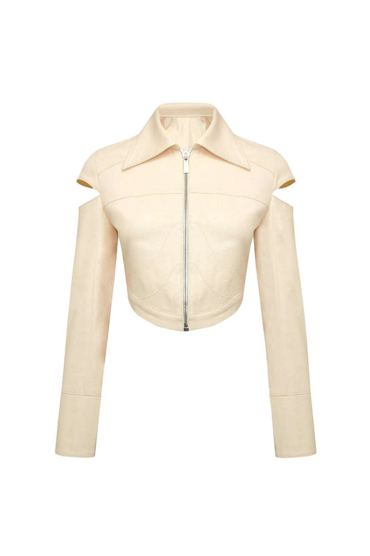 JENDUE Chaby Cropped Denim Jacket - Women's Cutout Shoulder by Jendue
