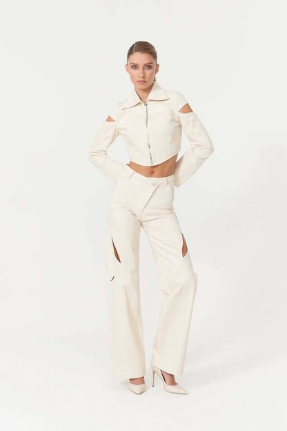 JENDUE Chaby Cropped Denim Jacket - Women's Cutout Shoulder by Jendue