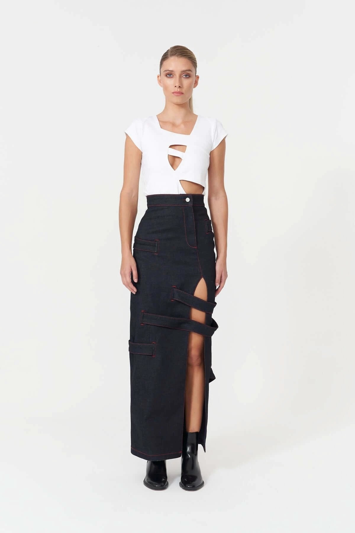 JENDUE Clara Denim T-shirt - Unique Cutout Design by Jendue