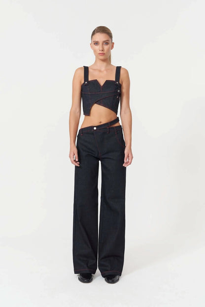 JENDUE Davidson Asymmetric Belt Denim Jean - Unique Wide Leg by Jendue