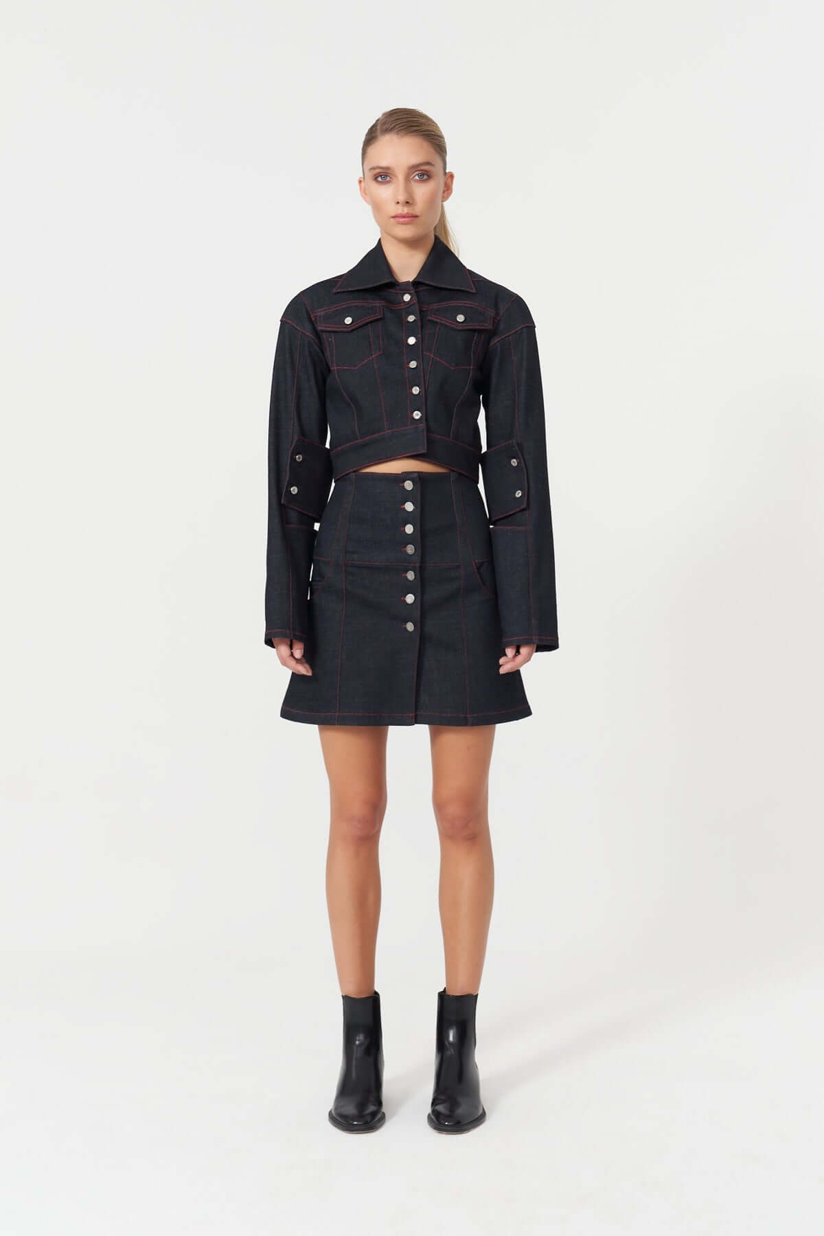 JENDUE Davidson Cross Denim Jacket - Ecru & Deep Blue - Ansley Effect