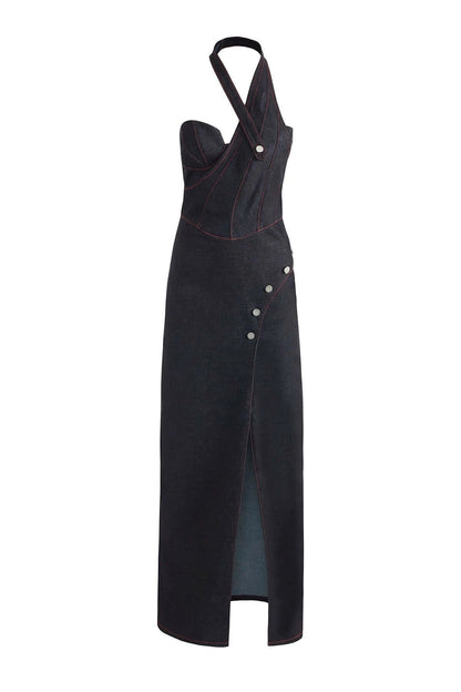 JENDUE Davidson Denim Maxi Dress - One Shoulder Design by Jendue