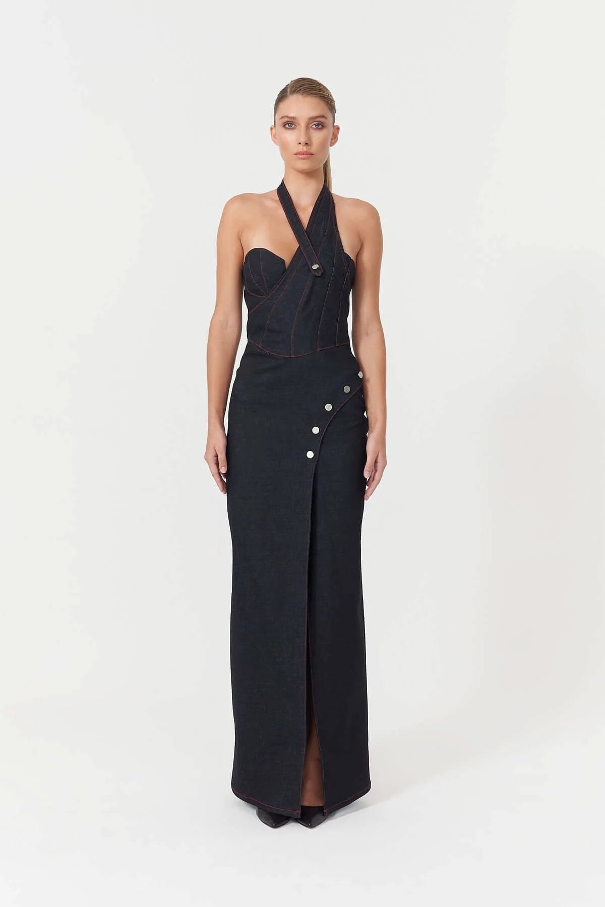 JENDUE Davidson Denim Maxi Dress - One Shoulder Design by Jendue