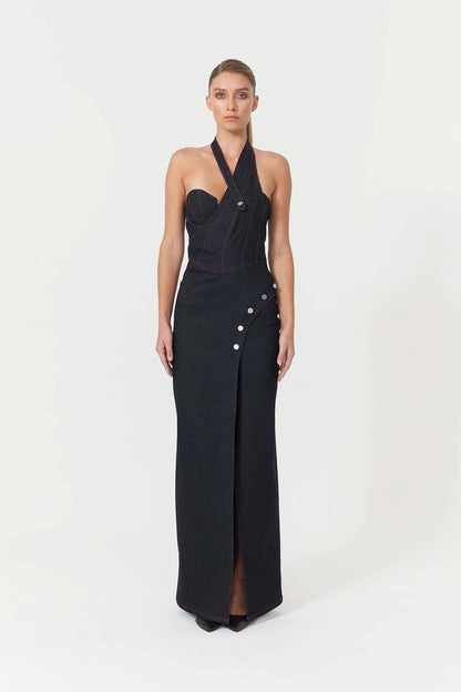 JENDUE Davidson Denim Maxi Dress - One Shoulder Design by Jendue