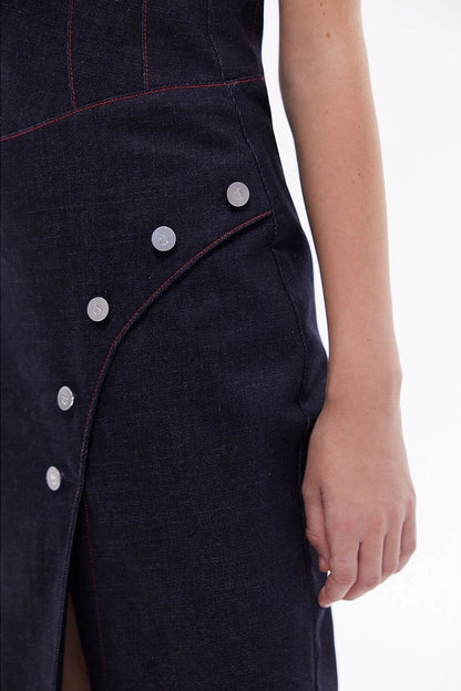 JENDUE Davidson Denim Maxi Dress - One Shoulder Design by Jendue