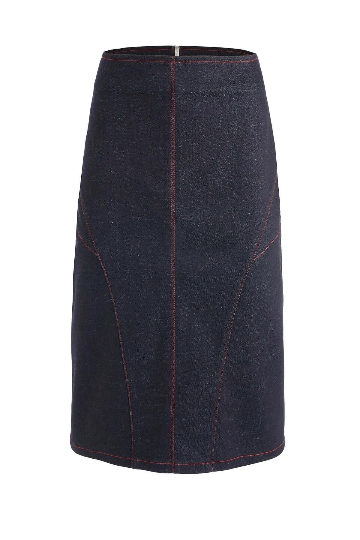 JENDUE Davidson Denim Skirt - Classic Dark Wash Pencil Skirt by Jendue