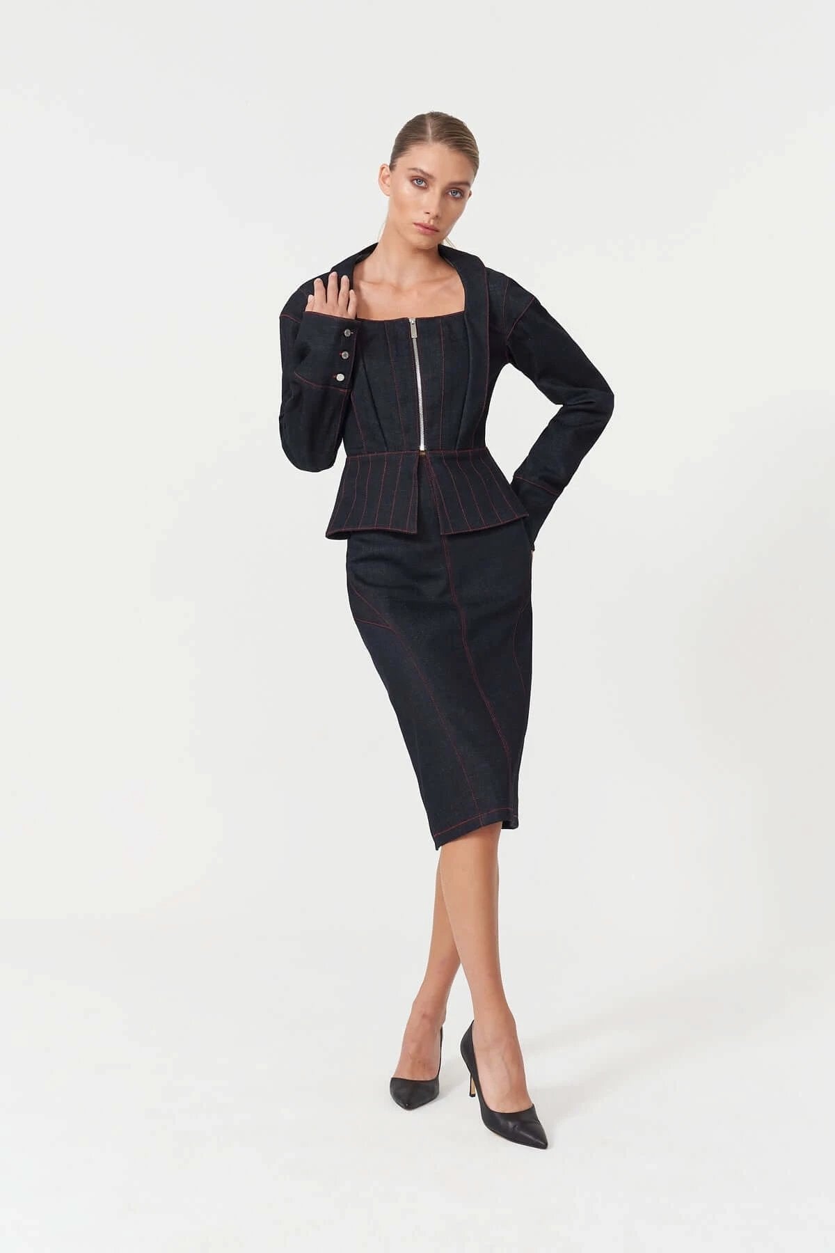 JENDUE Davidson Denim Skirt - Classic Dark Wash Pencil Skirt by Jendue
