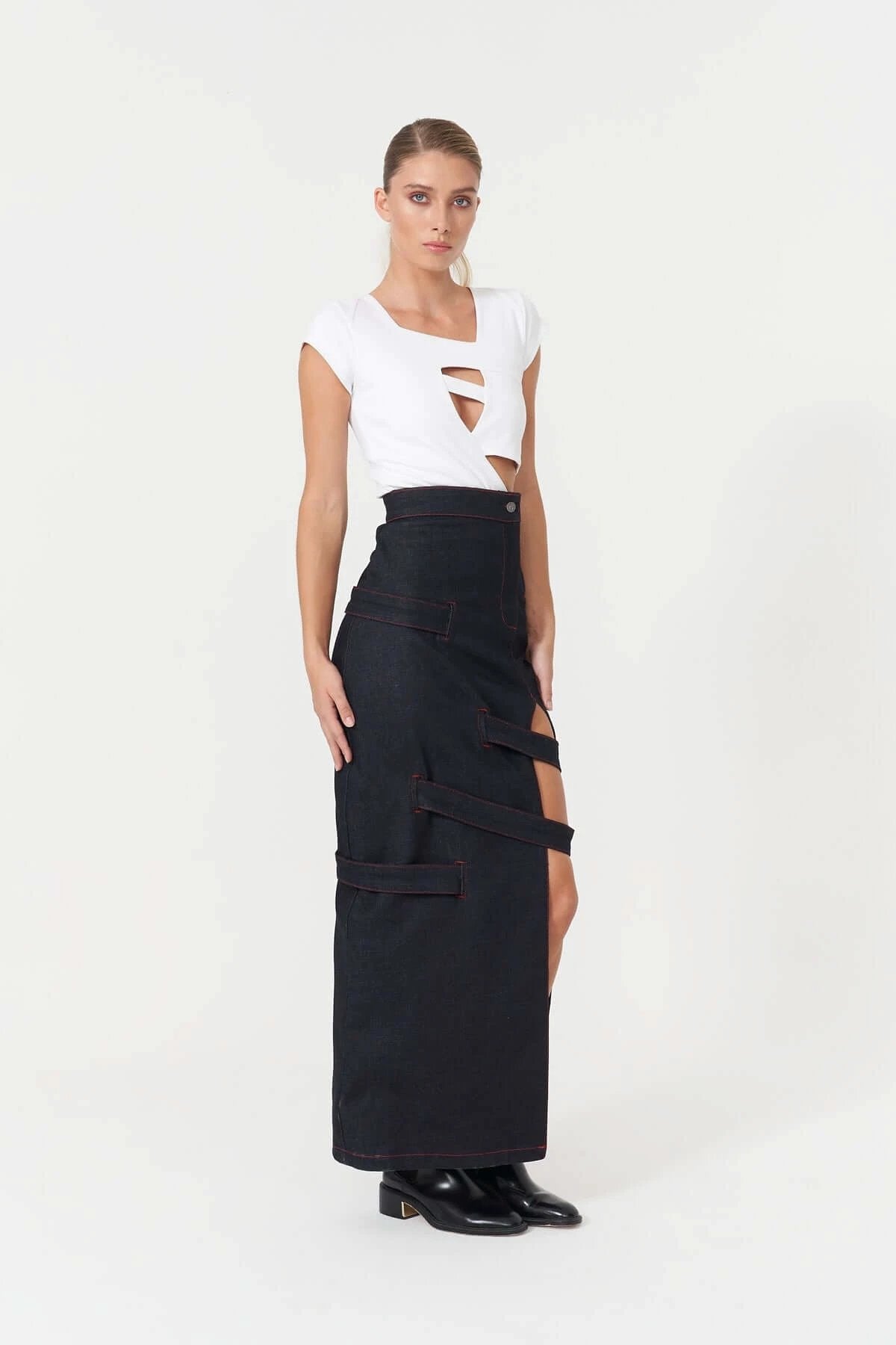 JENDUE Davidson Maxi Denim Skirt - High-Slit & Strappy by Jendue