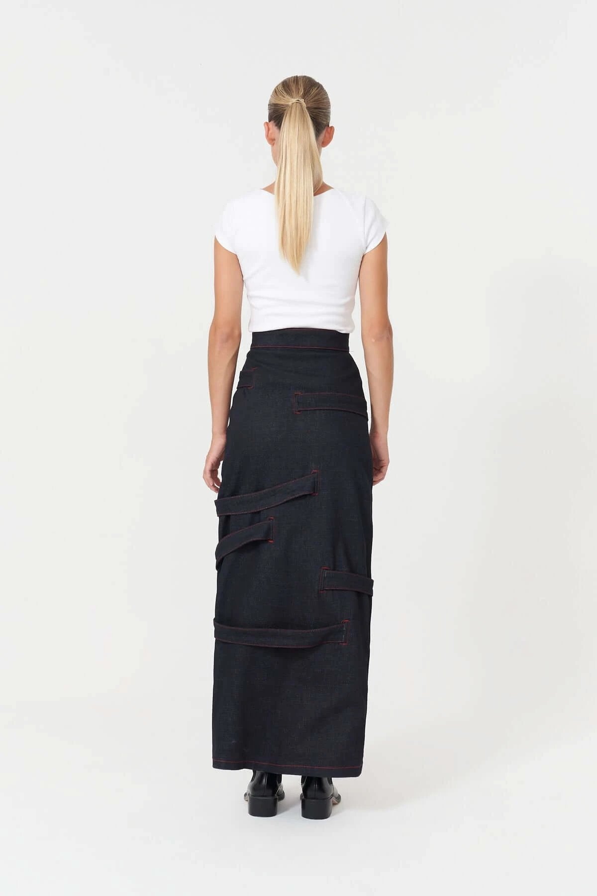 JENDUE Davidson Maxi Denim Skirt - High-Slit & Strappy by Jendue