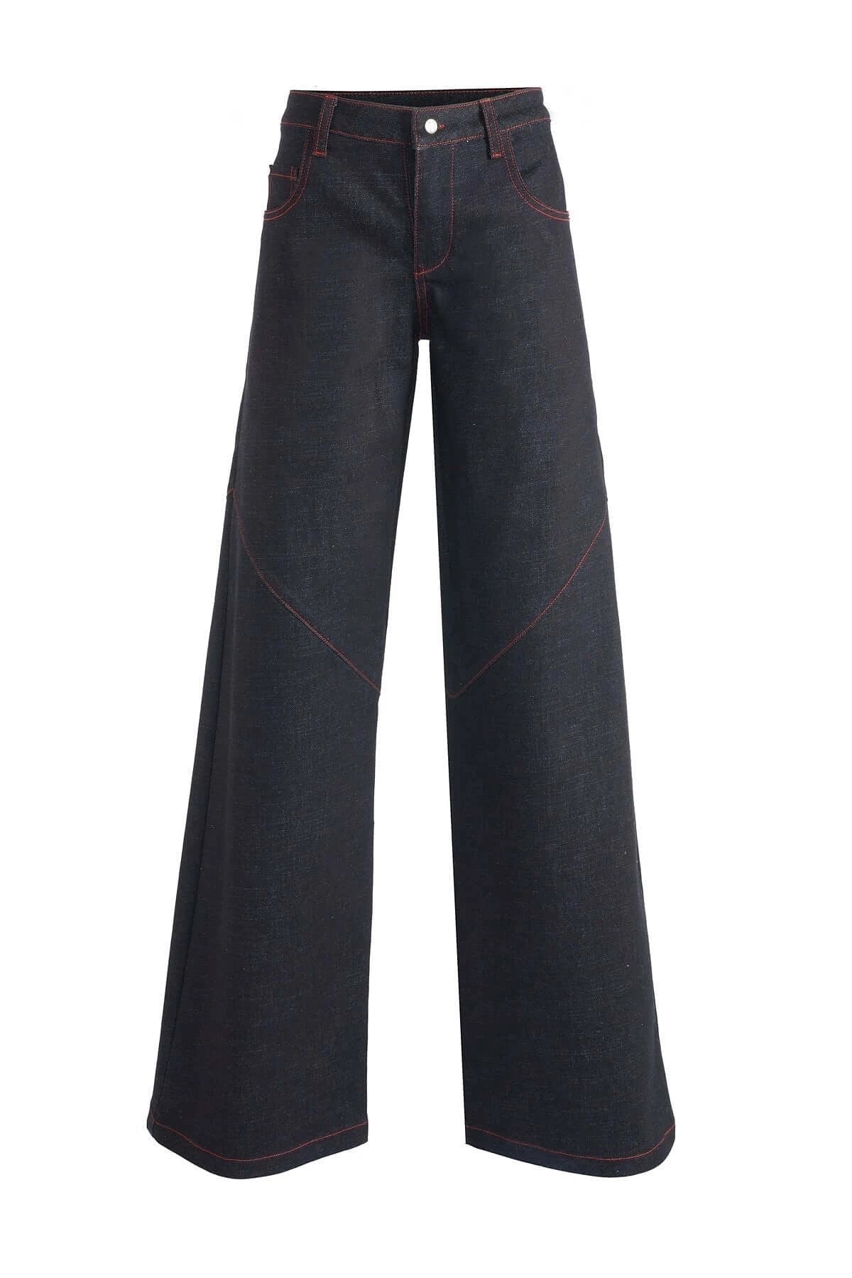 JENDUE Davidson Wide Leg Denim Jean - Dark Wash & Red Stitch by Jendue