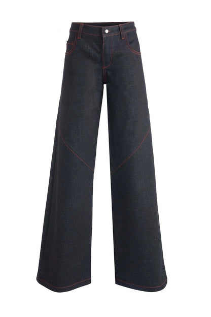 JENDUE Davidson Wide Leg Denim Jean - Dark Wash & Red Stitch by Jendue