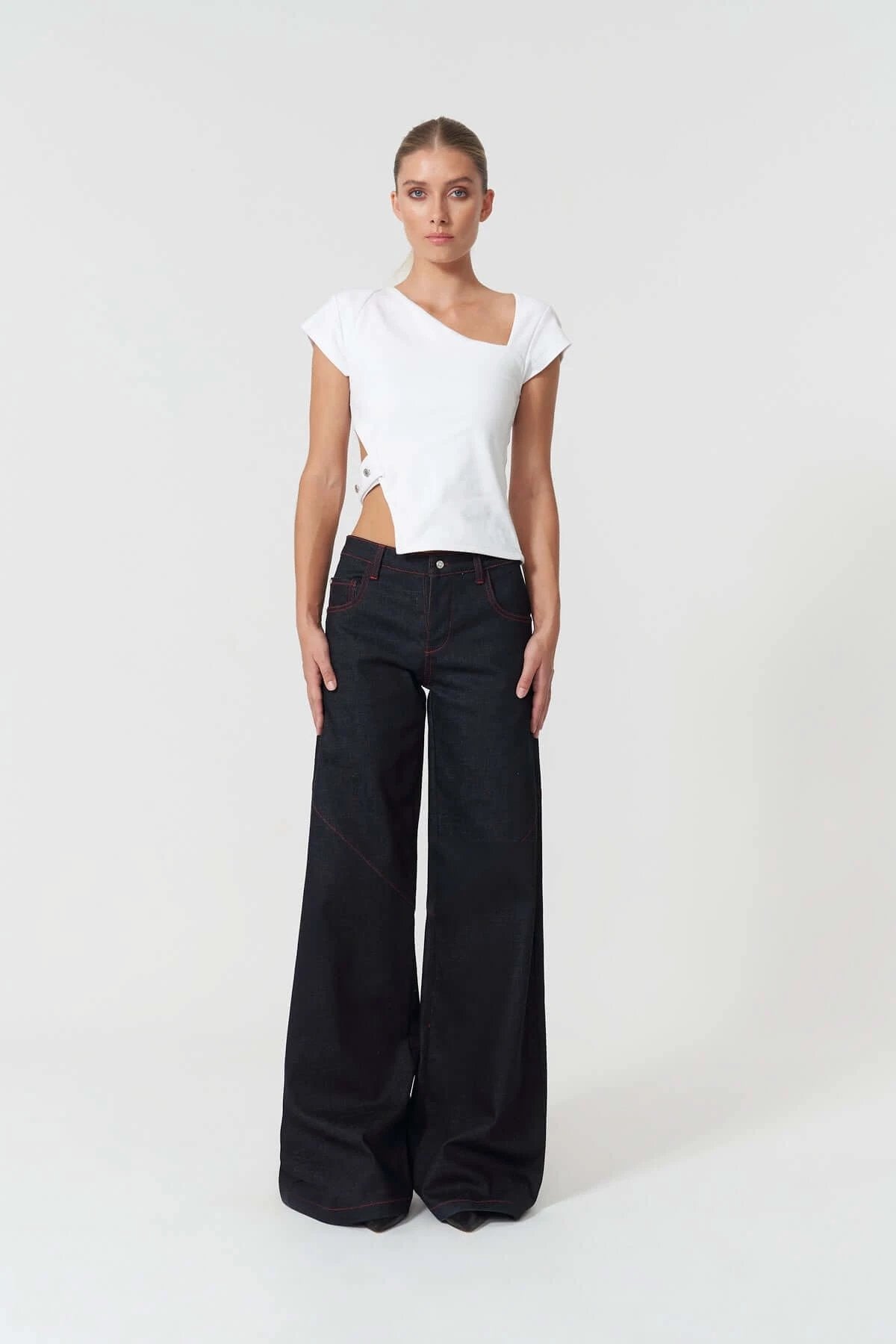 JENDUE Davidson Wide Leg Denim Jean - Dark Wash & Red Stitch by Jendue