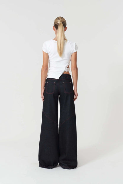 JENDUE Davidson Wide Leg Denim Jean - Dark Wash & Red Stitch by Jendue