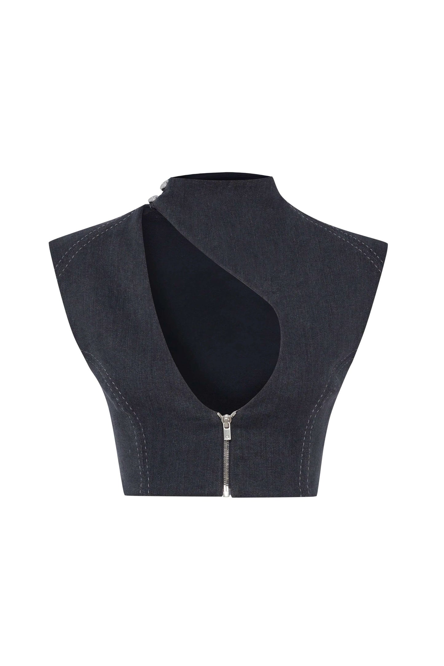 JENDUE Dew Drop Denim Vest - Unique Asymmetrical Zipper Top by Jendue