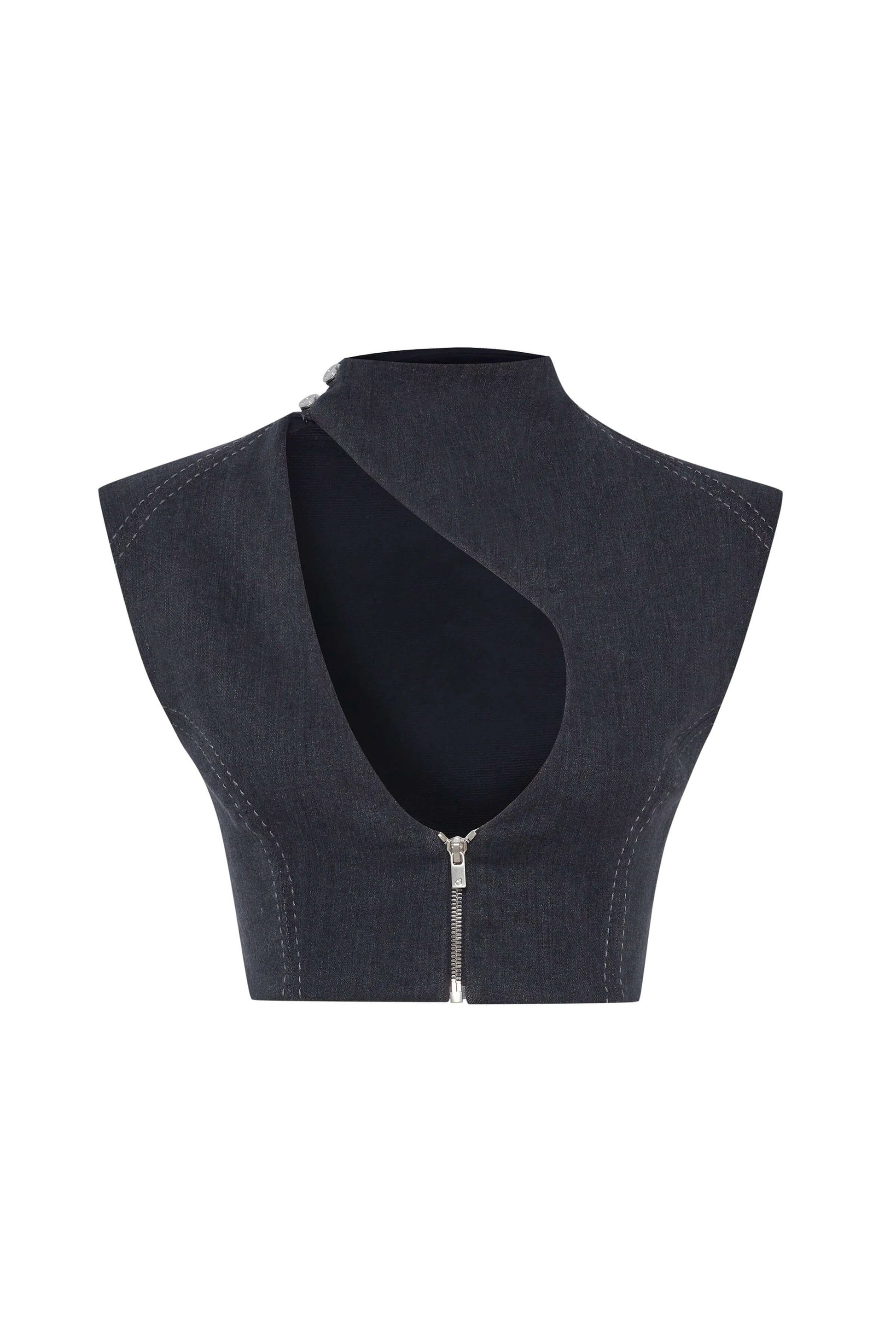 JENDUE Dew Drop Denim Vest - Unique Asymmetrical Zipper Top by Jendue