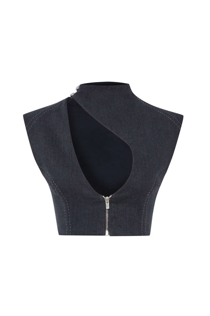 JENDUE Dew Drop Denim Vest - Unique Asymmetrical Zipper Top by Jendue