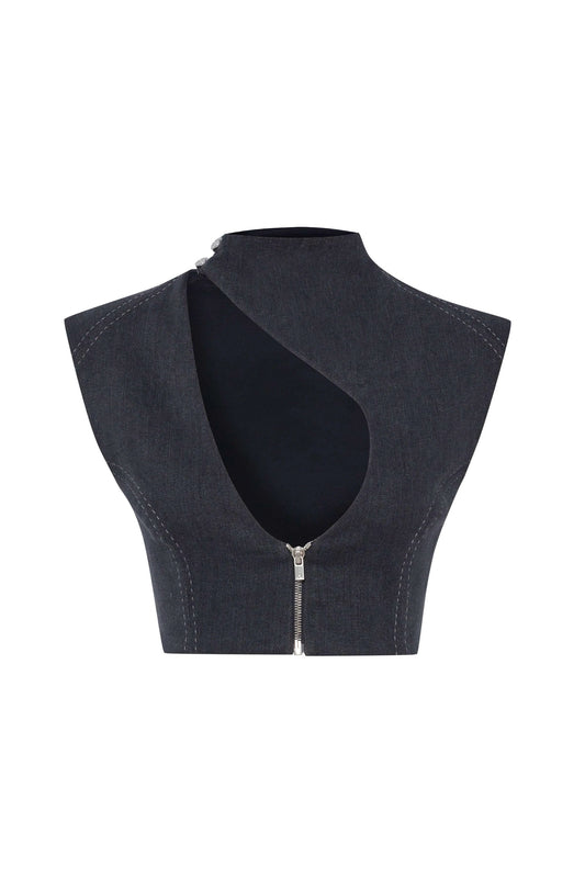 JENDUE Dew Drop Denim Vest - Unique Asymmetrical Zipper Top by Jendue
