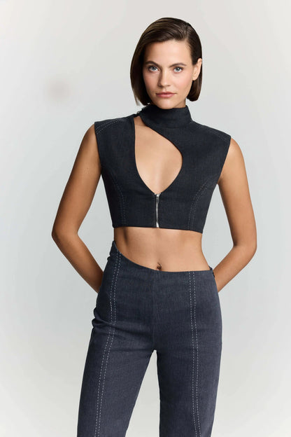 JENDUE Dew Drop Denim Vest - Unique Asymmetrical Zipper Top by Jendue