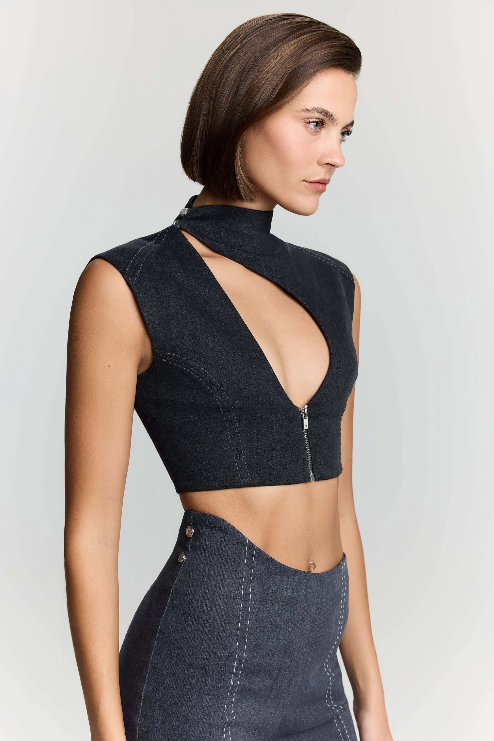JENDUE Dew Drop Denim Vest - Unique Asymmetrical Zipper Top by Jendue