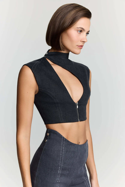 JENDUE Dew Drop Denim Vest - Unique Asymmetrical Zipper Top by Jendue