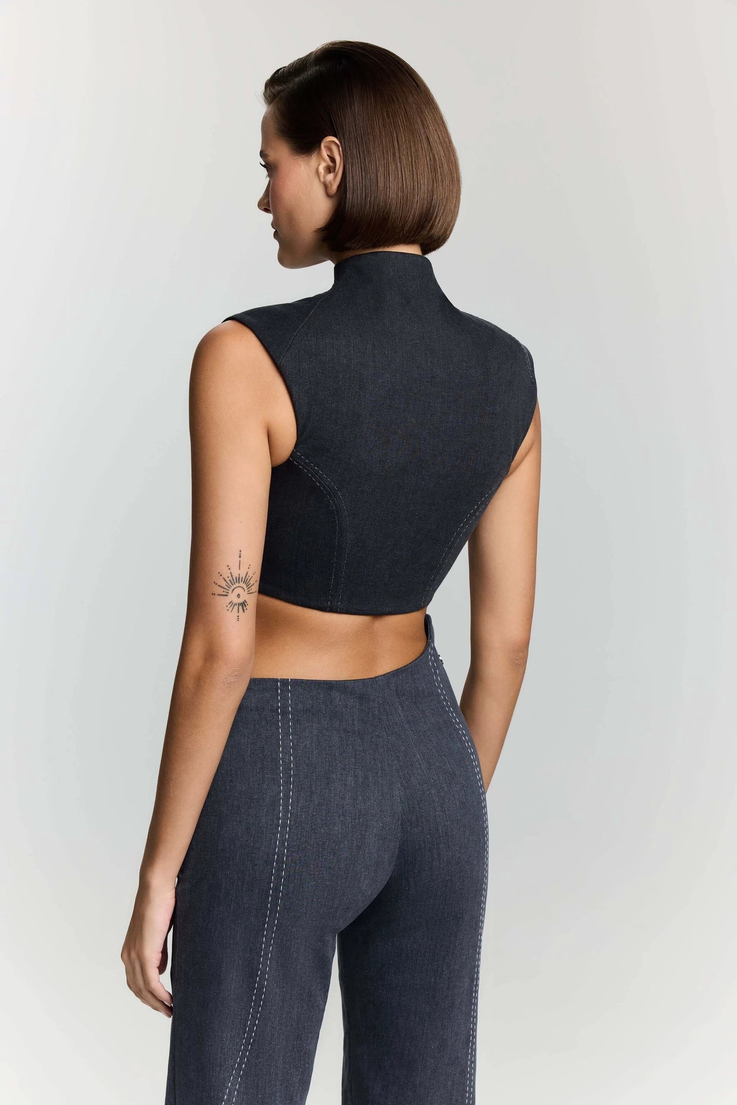 JENDUE Dew Drop Denim Vest - Unique Asymmetrical Zipper Top by Jendue