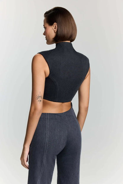 JENDUE Dew Drop Denim Vest - Unique Asymmetrical Zipper Top by Jendue